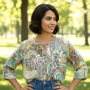 Chico's Linda Delightful Mix Top 1 (M) Paisley Roll Tab Long Sleeve Blouse